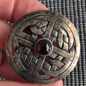 Vintage Sterling Silver Celtic Brooch with Red Gemstone